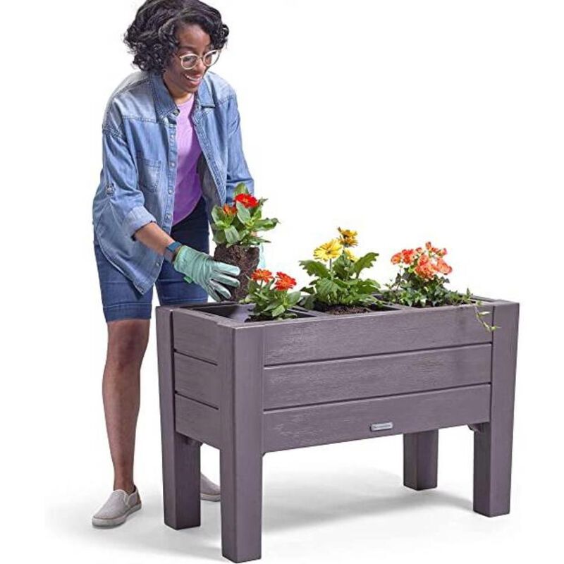 Rectangular Plastic Raised Garden Bed Planter Box - Dark Grey Cedar Wood Finish