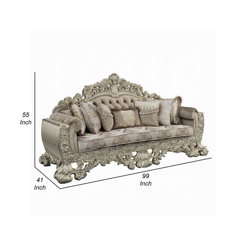 Esen Ornate Sofa, 7 Accent Pillows, Gold, Tufted Brown Velvet, 99 Inch image number 5