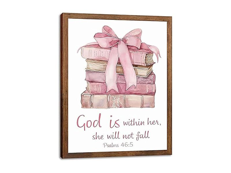 Pink Bows Books Bible Verse Christian Canvas Wall Art Wood Framed Trendy Decor image number 0