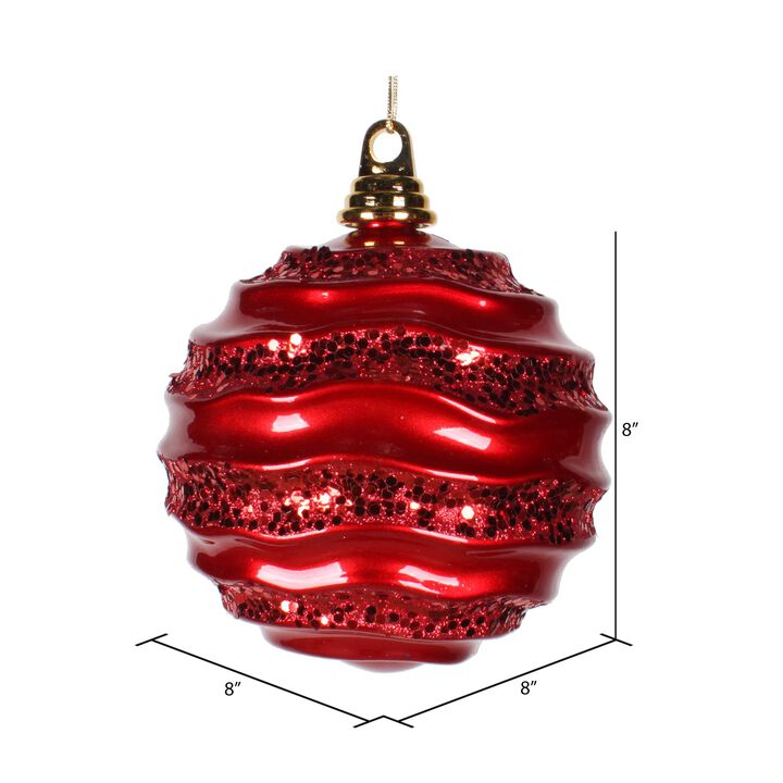 Vickerman 8" Christmas Ornament Wave Ball, Red Stripe Candy Finish with Glitter Accents, Shatterproof Plastic, Holiday Christmas Tree Decoration