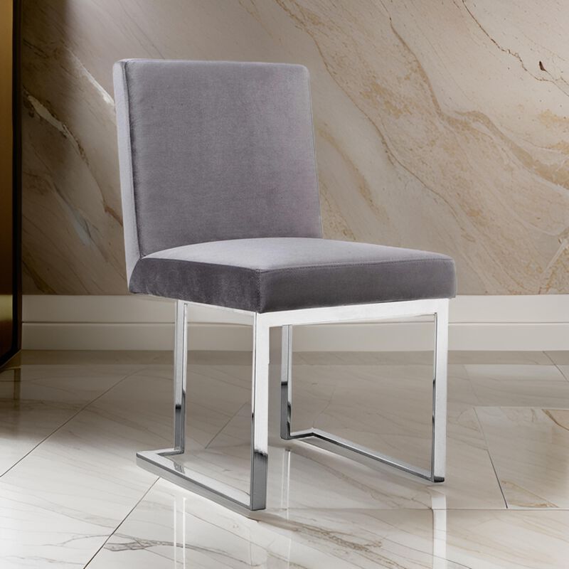 Boly Side Dining Chair Set of 2, Cantilever Base, Gray and Silver - Benzara