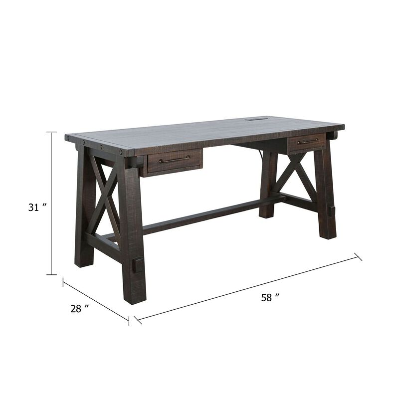 Anva Writing Desk, 58 Inch with Power Plug, Dark Brown Solid Mahogany image number 4