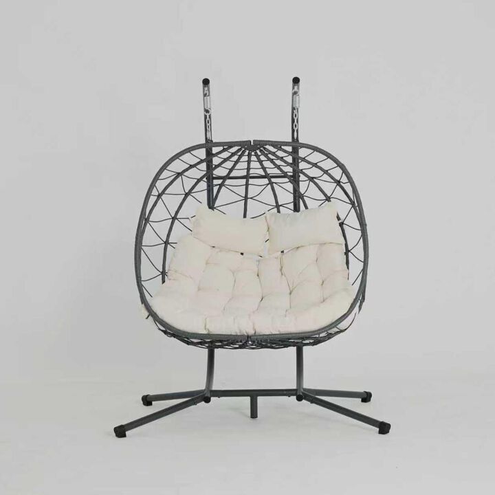 WOW PIONEER 2 Person Indoor Outdoor Hanging Egg Swing Chair with Stand Wicker Patio Hanging Basket Chair