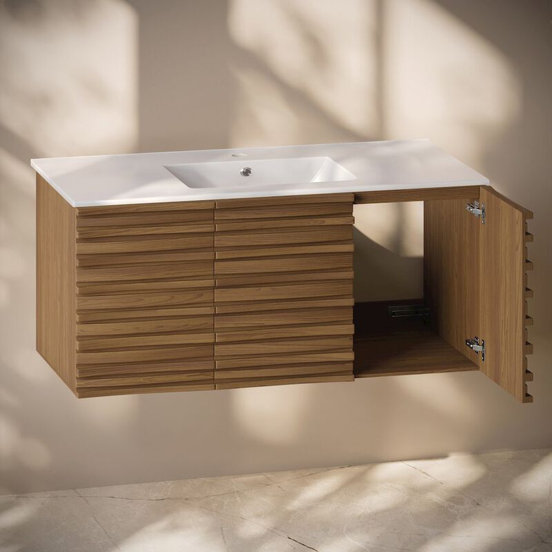 Cascade 48" Wall-Mounted Bathroom Vanity in Brown Oak with Sink Top image number 4