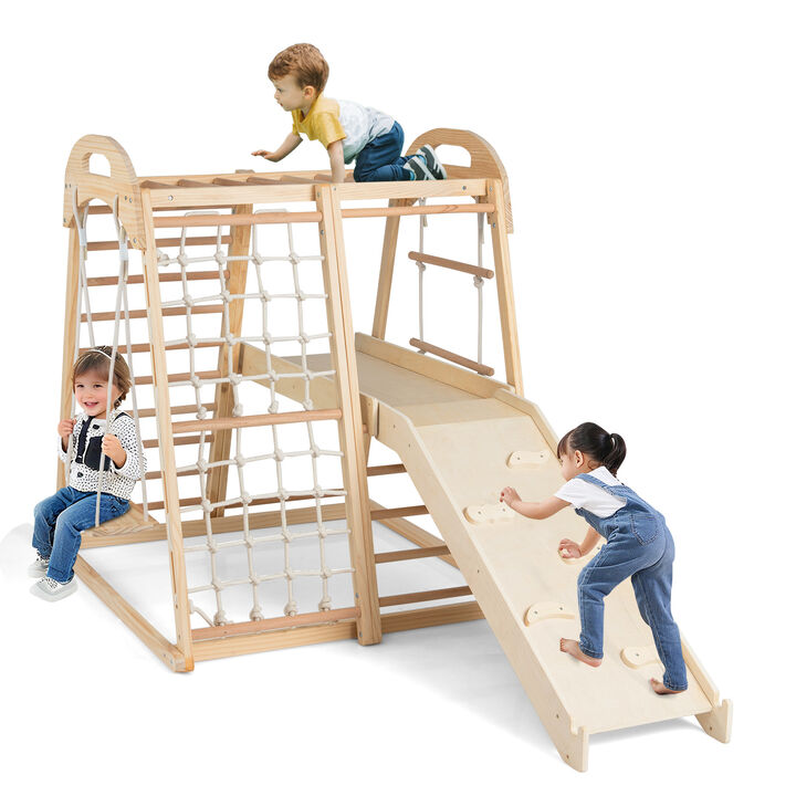 8-in-1 Kids Jungle Gym Montessori Wooden Playset with Slide & Monkey Bar Ages 3-5 Years