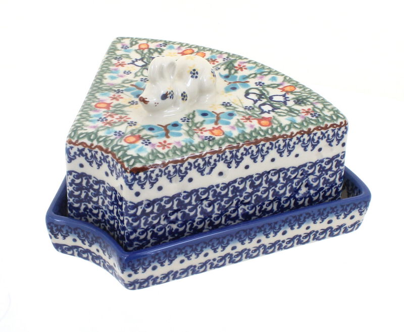 Blue Rose Polish Pottery Garden Butterfly Cheese Dish with Mouse