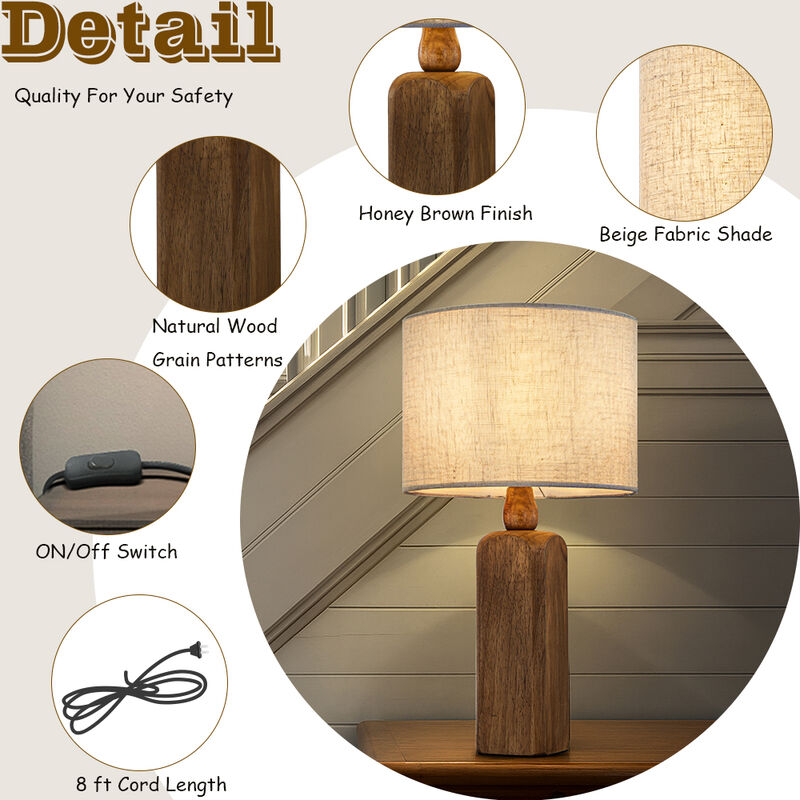 22 In. Farmhouse Table Lamp with Honey Natural Wood Base Classic Beige Fabric Drum Shade Traditional Desk Lamp image number 3