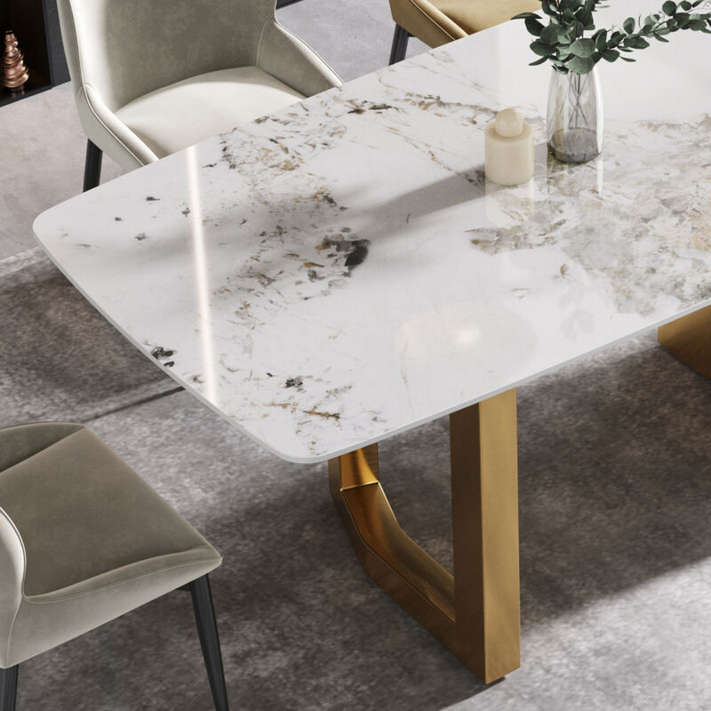 63" Modern artificial stone pandora white curved golden metal leg dining table -6 people