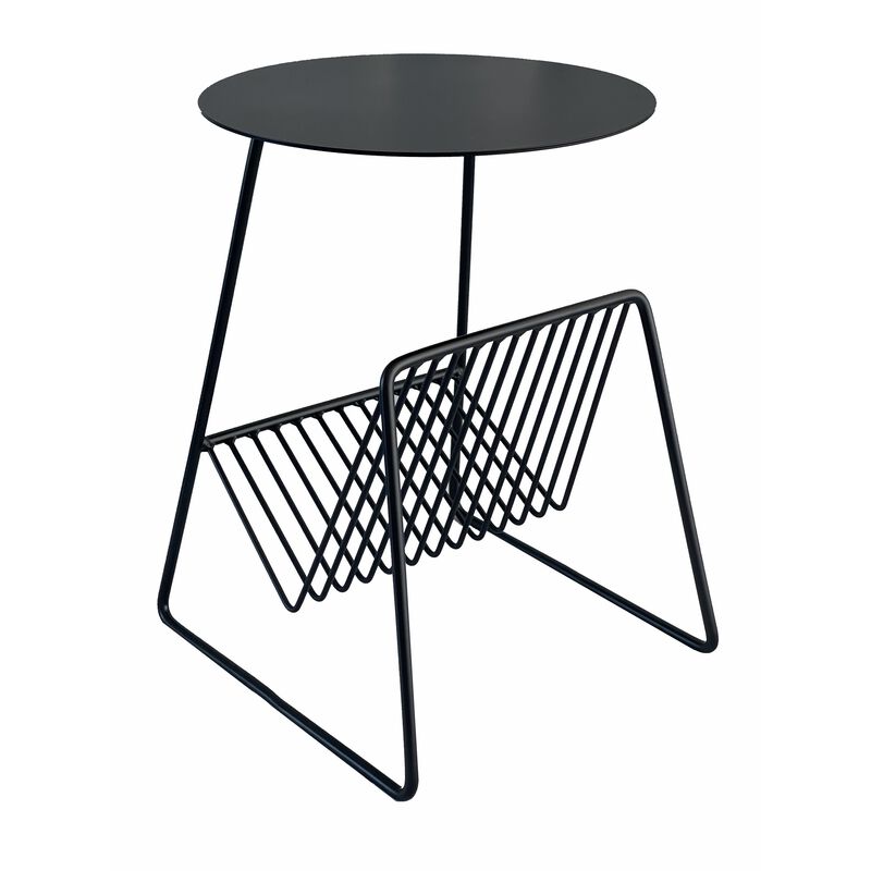 Zeo Side End Table w Magazine Rack, 14 Inch Round Top, Black Metal
