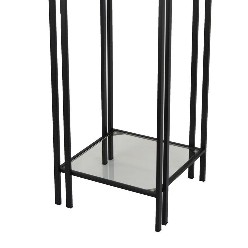 Buckley Plant Stand Table, Black Metal, Square Mirrored Top, 34 Inch - Benzara