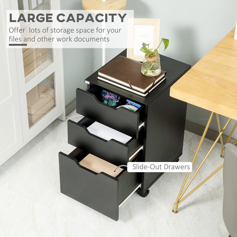 Black Office Organizer: Rolling 3-Drawer Vertical File Cabinet