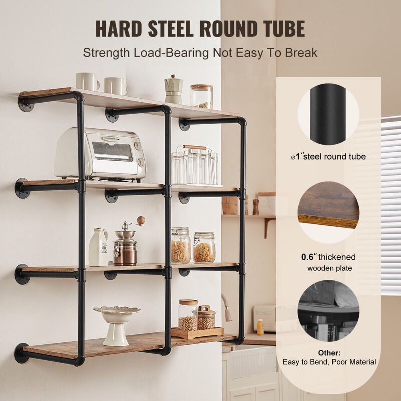 4-Tier Industrial Pipe Shelf Brackets Wall Mount Only, Wood Planks Not Included