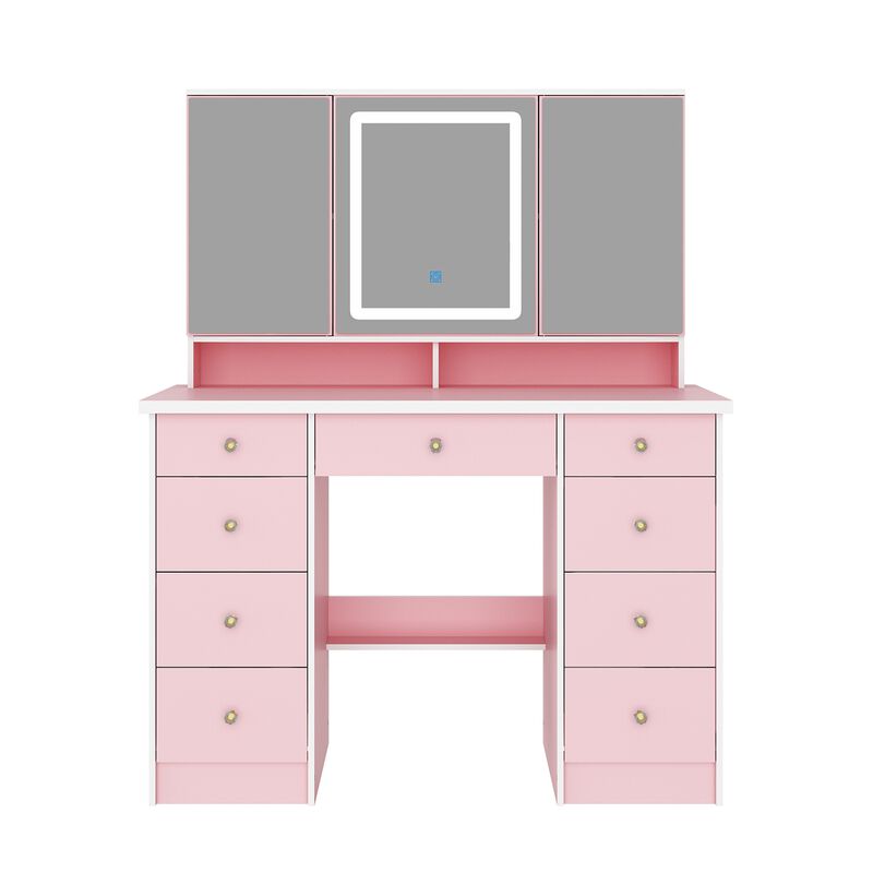 FUFU&GAGA 43.3" Pink Makeup Vanity with LED Mirror, 9 Drawers and Adjustable Storage (43.3" W x 53.9" H x 19.7" D),Pink