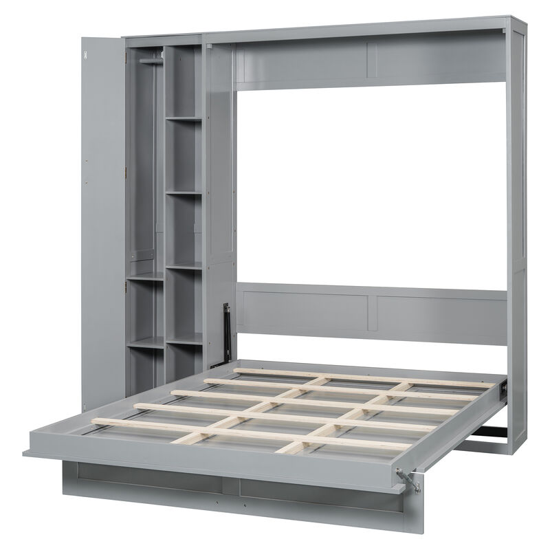 Whisen Modern Design Queen Size Murphy Bed, Folded into a Cabinet with Shelves, Wardrobe and LED Lights