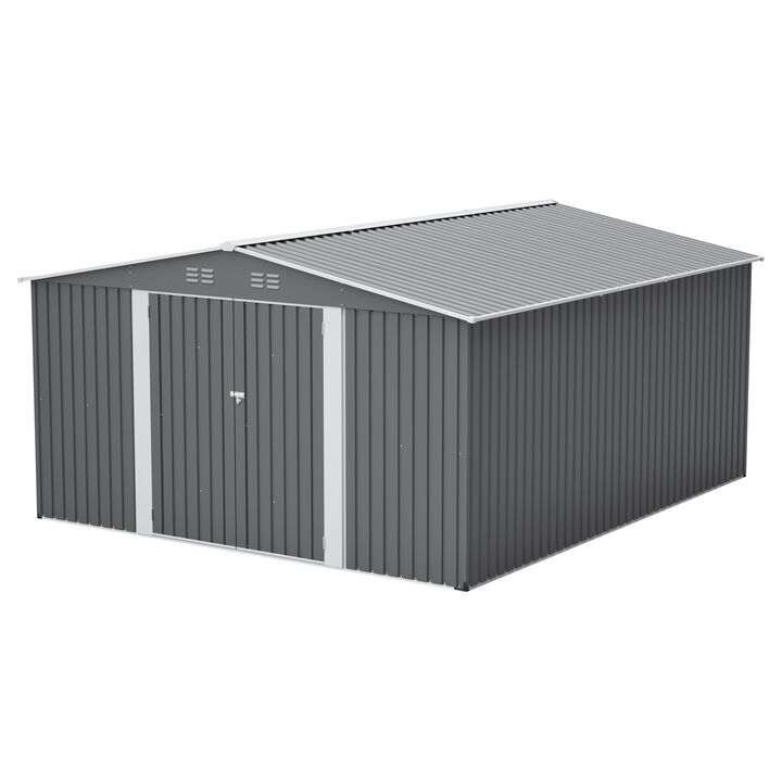 12x14 FT Metal Storage Shed, Lockable Double Door Tool Shed, Light Gray