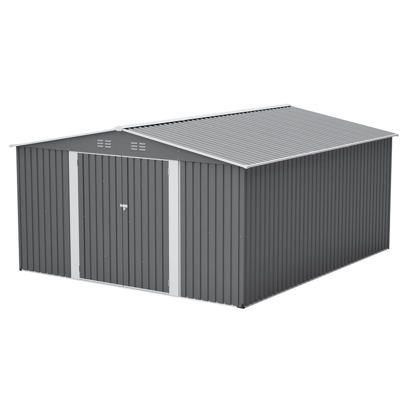 12x14 FT Metal Storage Shed, Lockable Double Door Tool Shed, Light Gray image number 0