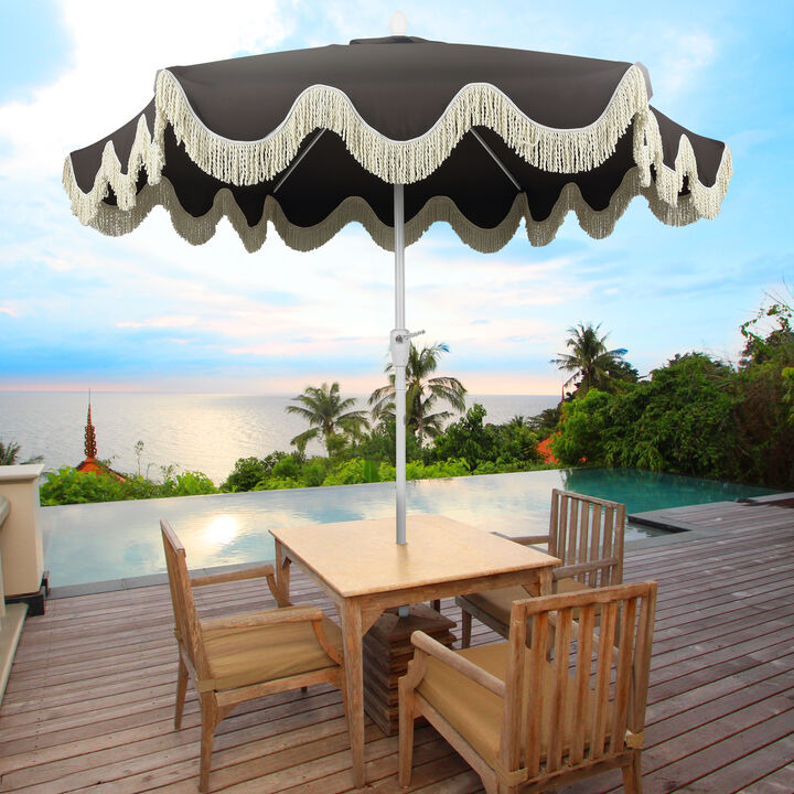 Collins Classic Cottage Tassel Market Patio Umbrella with Auto-Tilt, Crank, Wind Vent and UV Protection