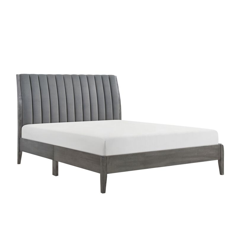 Ryla King Size Platform Bed, Gray Tufted Velvet Upholstered Panel Headboard