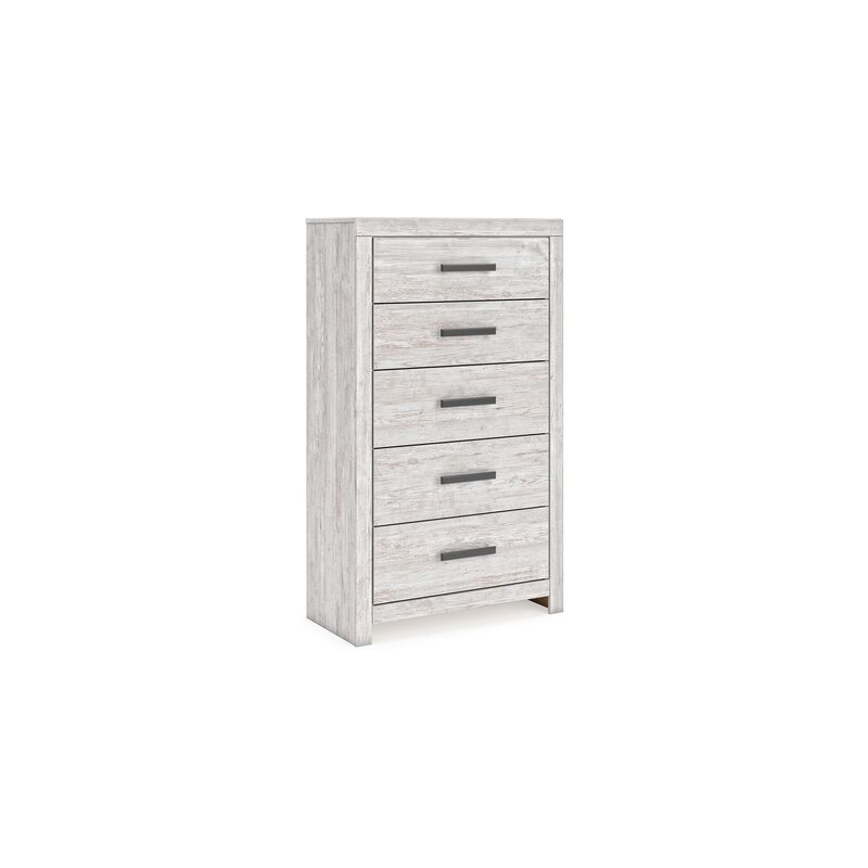 Cany Tall Dresser Chest, 5 Drawers w Black Handles, Vintage Whitewash - Benzara