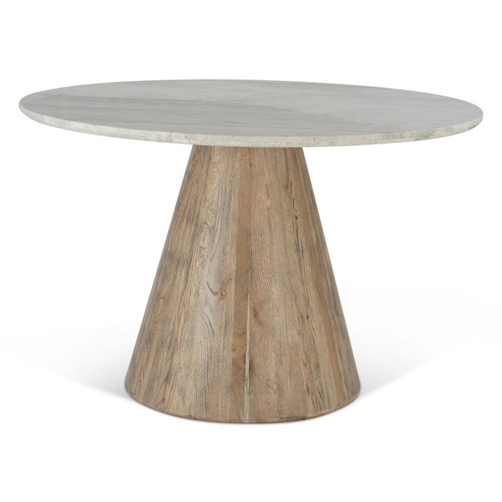 World Interiors Caldera 48" Round Dining Table in White Travertine and Light Oak