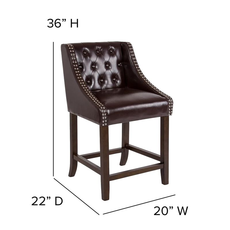 Flash Furniture Carmel Series 24" High Transitional Tufted Walnut Counter Height Stool with Accent Nail Trim in Brown LeatherSoft