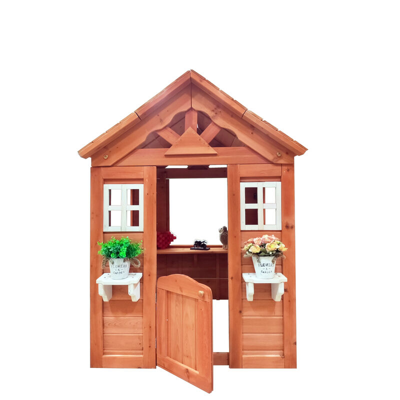 All Wooden Kids Playhouse With 2 Windows And Flower Pot Holder