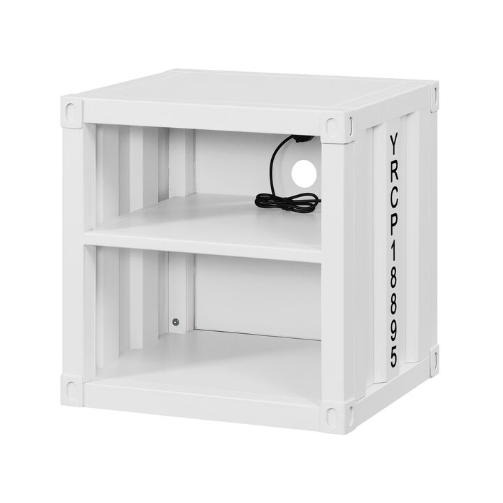 Metal Nightstand with 2 Open Compartment and USB Port, White-Benzara