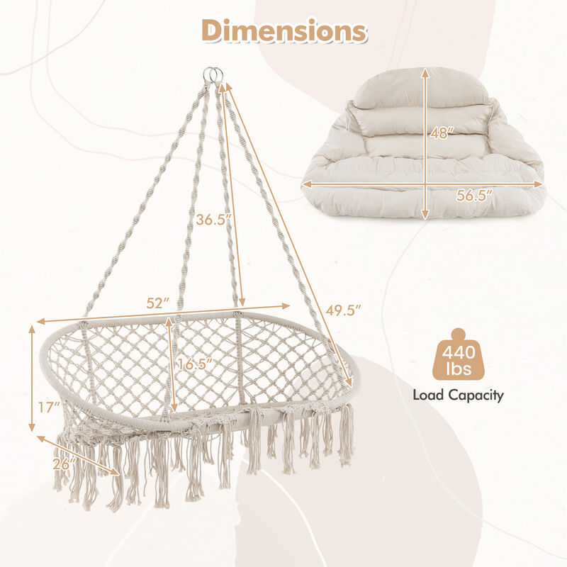 Hand-Woven Rope Hanging Chair with Thick Cushion and Folding Metal Frame