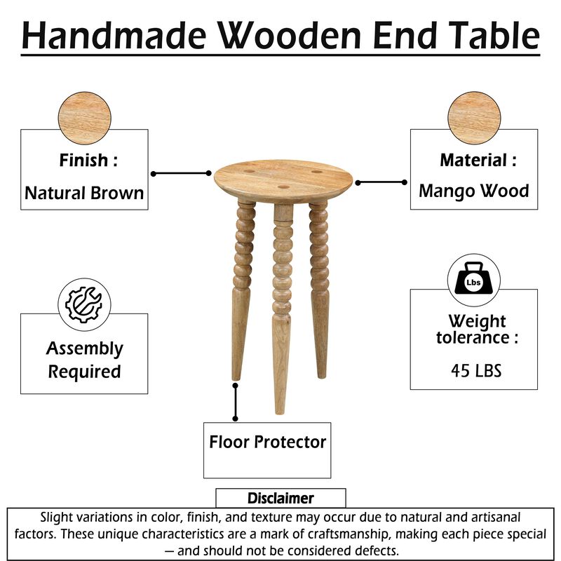 Geya Round Side Table, Tripod Spindle Legs, Natural Brown Mango Wood, 24 Inch High image number 4