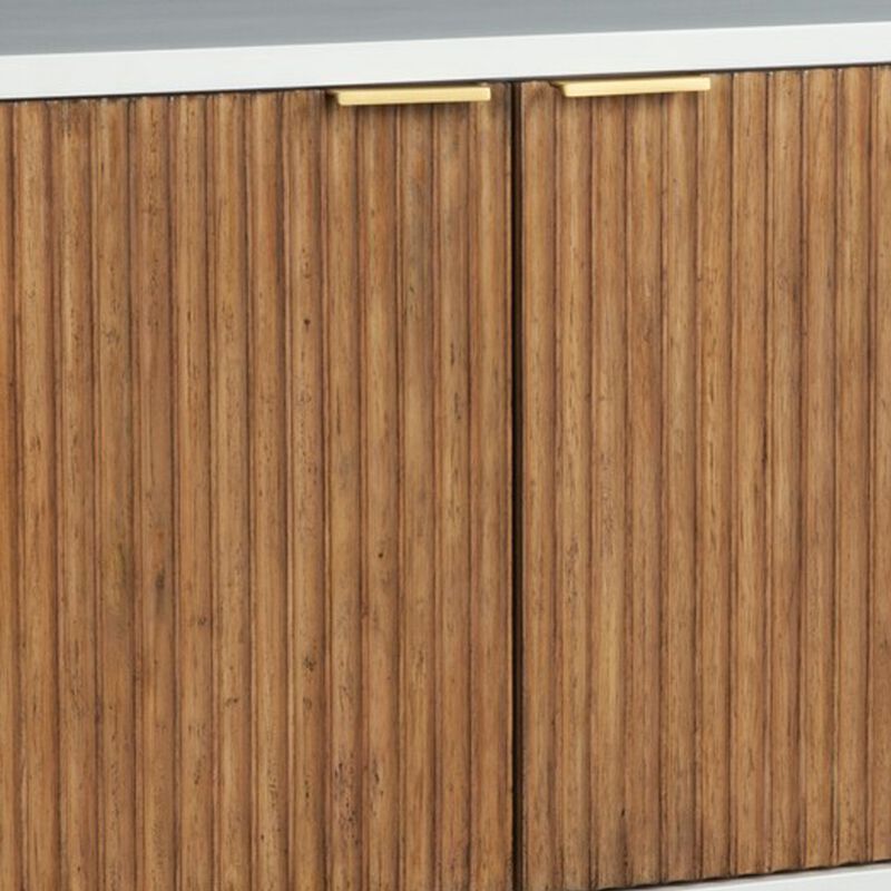 Eli 64 Inch TV Media Entertainment Center Console, 3 Drawers, White, Gold - Benzara