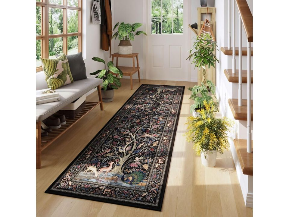 Tree of Life Runner Rug Washable Non Slip Vintage Kitchen Carpet Black