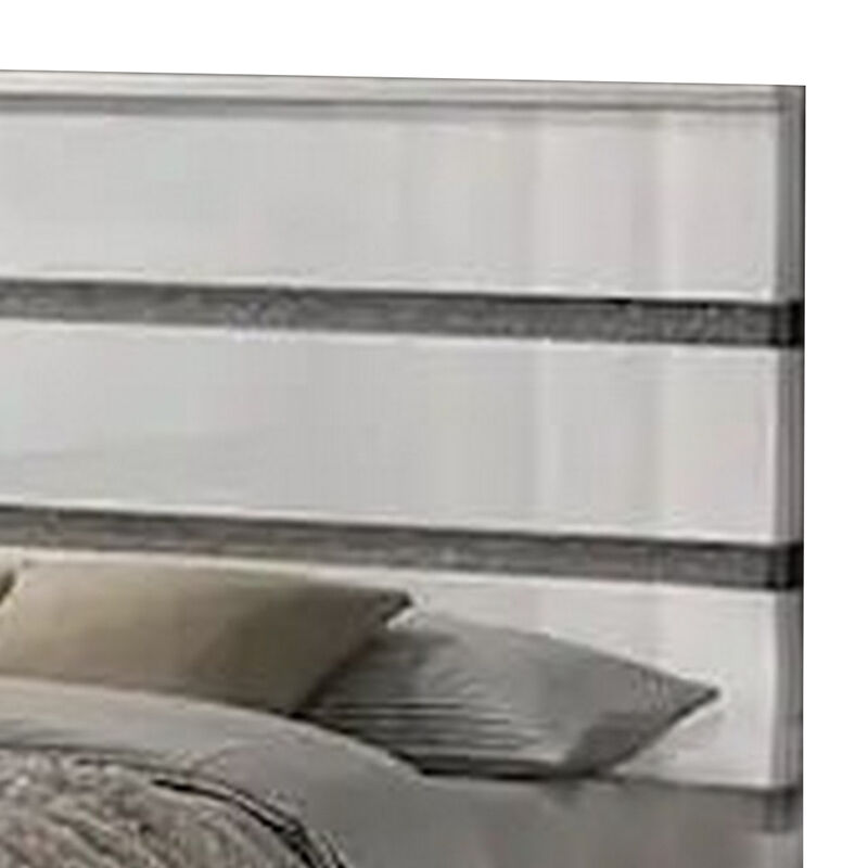 Peis King Size Bed, LED, Crystal Accents, Modern Design, Glossy White - Benzara