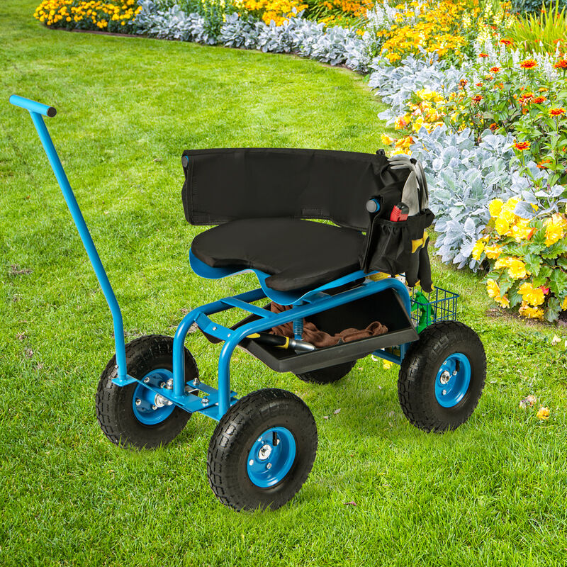 Portable Garden Seat Cart with Wheels, Swivel Function, and Tool Storage