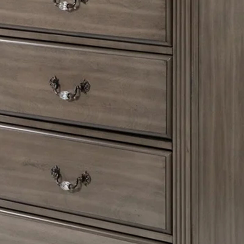 Recus Tall Dresser Chest, 6 Drawers w Brass Handles, Gray Solid Wood