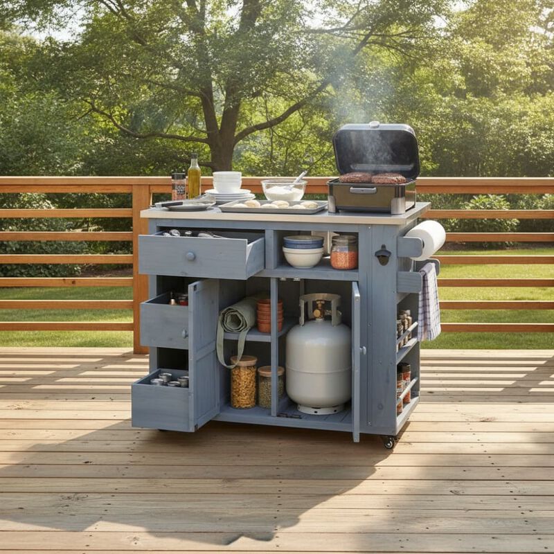 ELEMENT ACE Extendable Solid Wood Outdoor Kitchen Island Grill Table With Storage Drawers Spice Rack For Backyard BBQ And Meal Prep image number 3