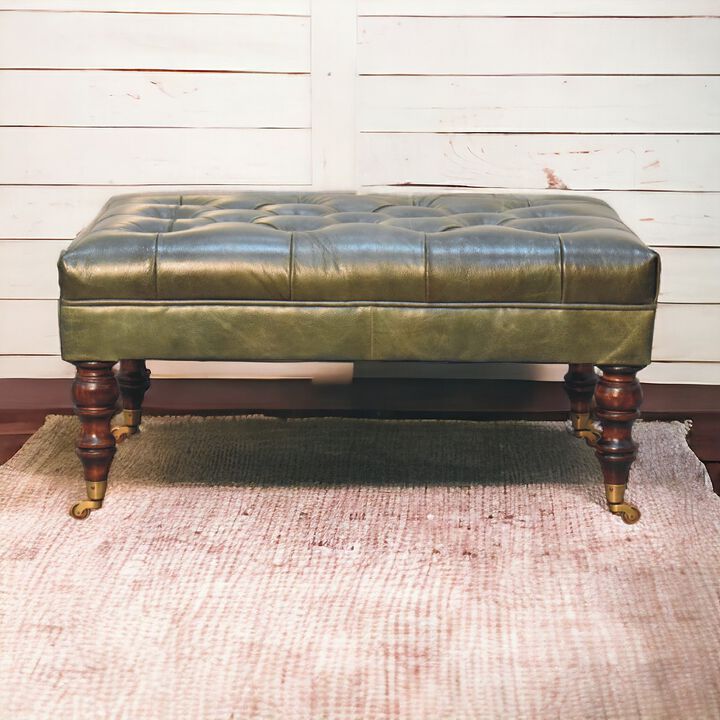 Artisan Furniture  Solid Wood Buffalo Green Leather Ottoman with Castor Legs