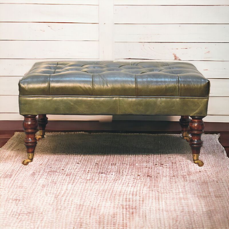 Artisan Furniture  Solid Wood Buffalo Green Leather Ottoman with Castor Legs