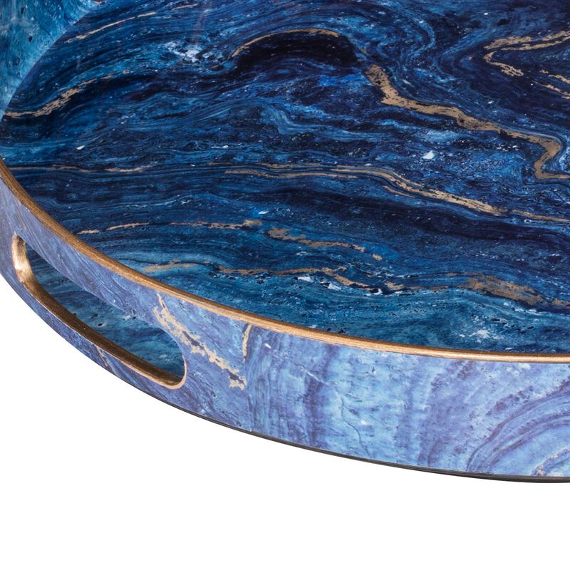 Set of 2 Round Accent Trays, Tabletop Decor, Marbling, Blue, Gold Marbling - Benzara