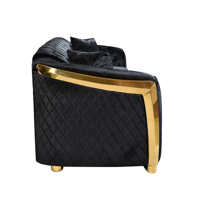 Tufted Velvet Sofa Set, Black with Gold Stainless.