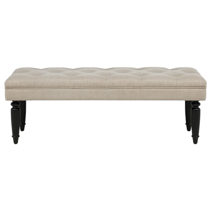 Rasa Accent Bench, Tufted Latte Brown Fabric, Black Turned Legs 52 Inch