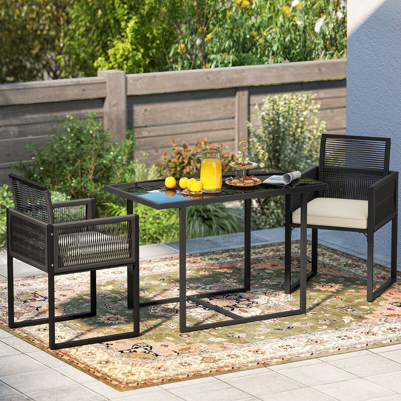 Outdoor Seating Set of 3 – Tempered Glass Table with 2 Patio Chairs