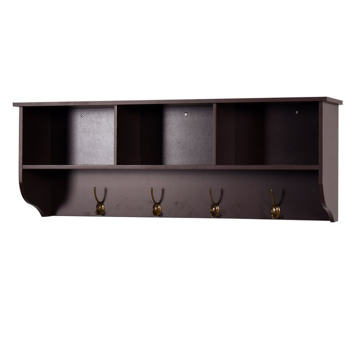 Espresso Entryway Wall Mounted Coat Rack with 4 Dual Hooks Living Room Wooden Storage Shelf