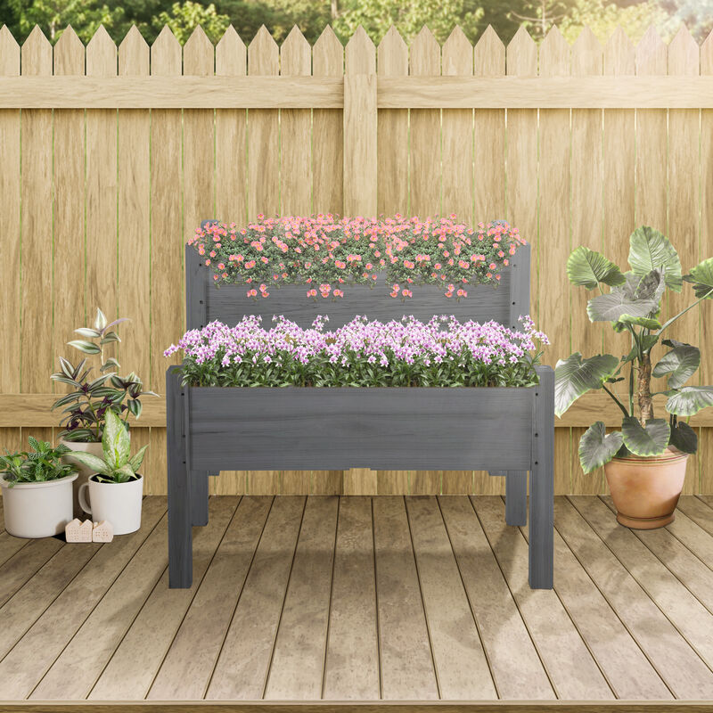 Outsunny 34"x34"x28" Raised Garden Bed, 2-Tier Elevated Wood Planter Box for Backyard, Patio to Grow Vegetables, Herbs, and Flowers, Gray