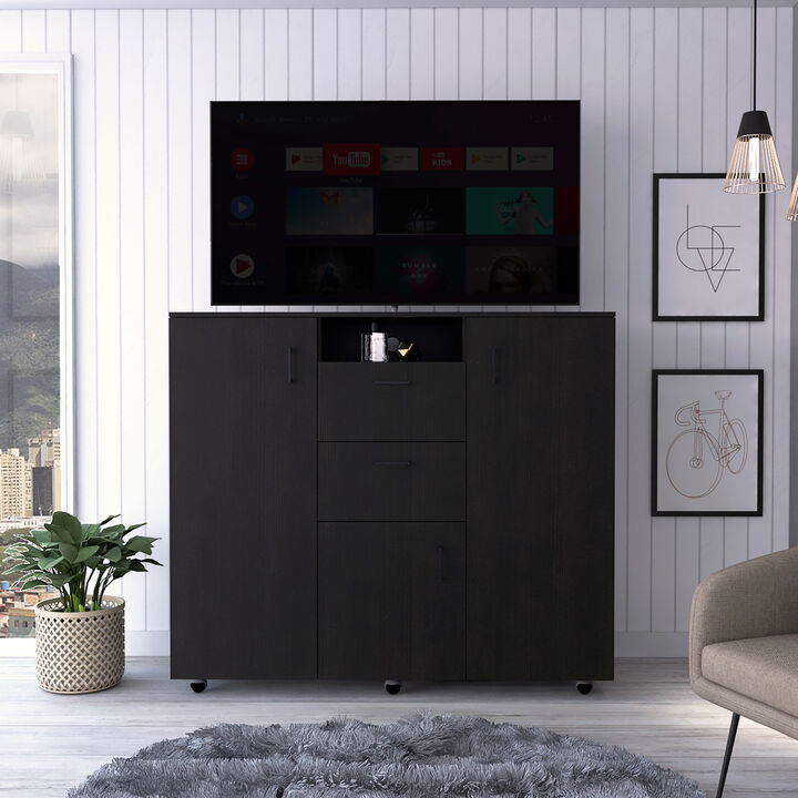 DEPOT E-SHOP Milano 3 Door Cabinet Dresser, Two Drawers, Four Interior Shelves, Rod, Black