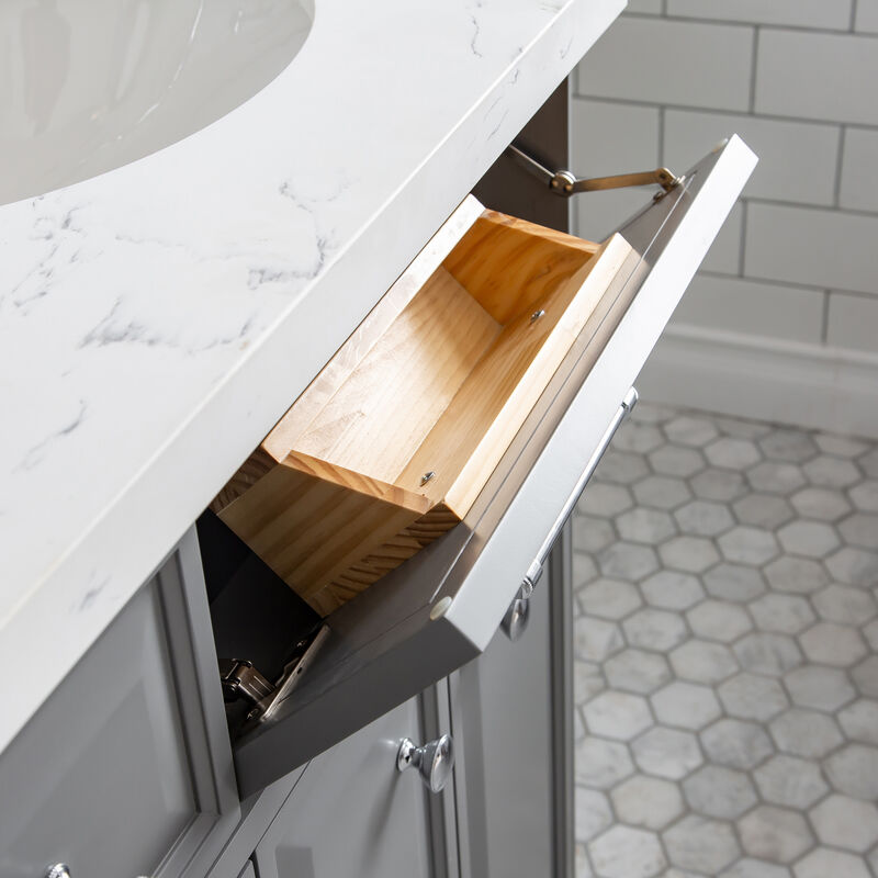Palace 60 In. Double Sink Carrara Quartz Countertop Bath Vanity in Cashmere Grey with Chrome Hardware and Hook Faucets image number 7