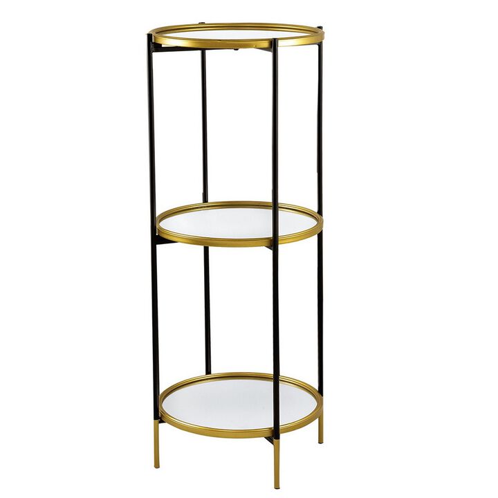 Ara 39 Inch Round 3 Tier Shelf, Metal, Mirrored Glass Shelves, Black, Gold-Benzara