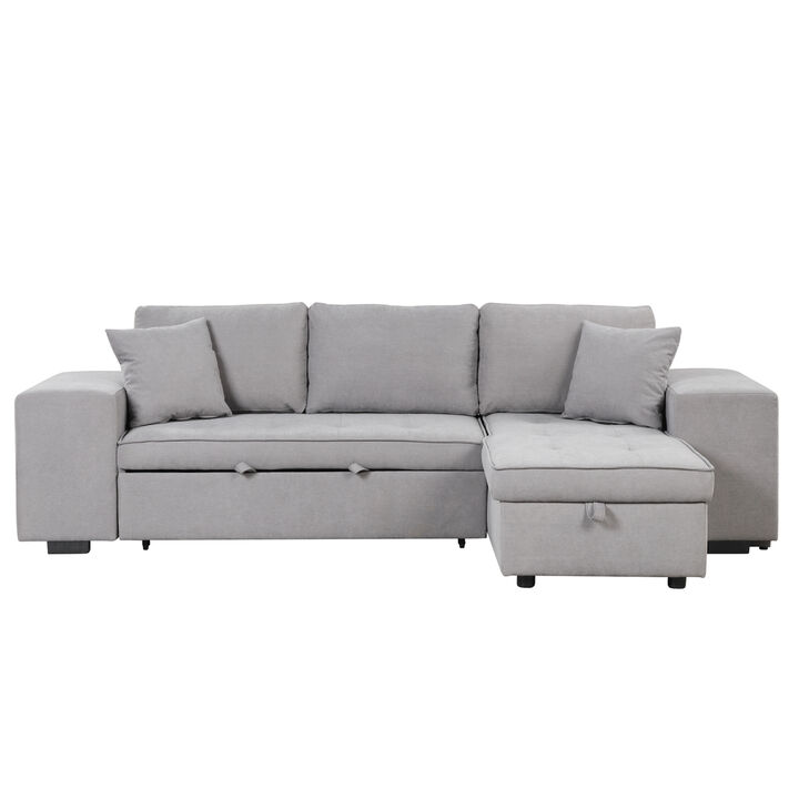 104" Pull Out Sleeper Sofa Reversible L-Shaped 3 Seat Sectional Couch with Storage Chaise and 2 Stools for Living Room Furniture Set, Gray