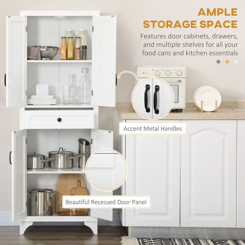 White Dining Storage: 67" Kitchen Pantry Cabinet with 4 Doors & Drawer