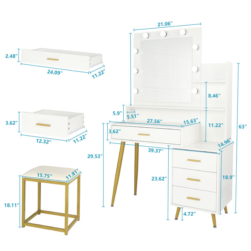 Makeup Vanity Set with 9 LED Bulbs, Dressing Table with Cushioned Stool, 3 Storage Shelves & 4 Drawers