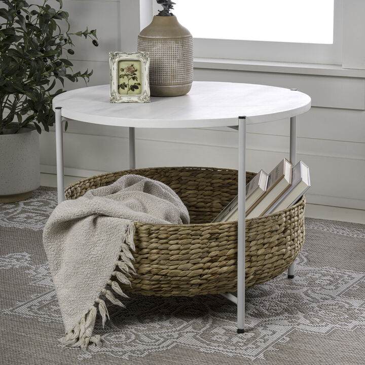 Carly 24.21" Modern Coastal Round Acacia Wood/Water Hyacinth Coffee Table with Storage Basket